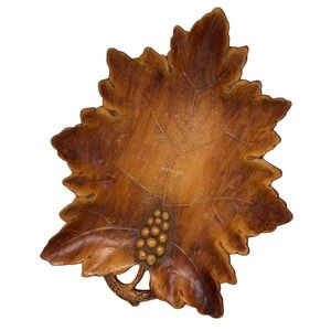 Vintage 1950s Molded Wood Grape Leaf Dish Decorative Wooden Leaf Tray 12" Rustic